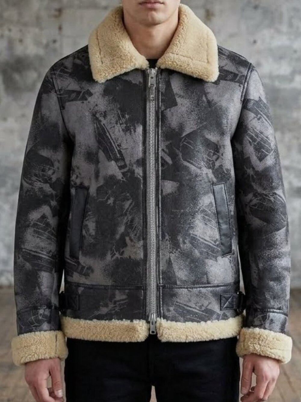 VTG WWII Fighter Bomber Plane Print Aviator Bomber Shearling Sheepskin Jacket L